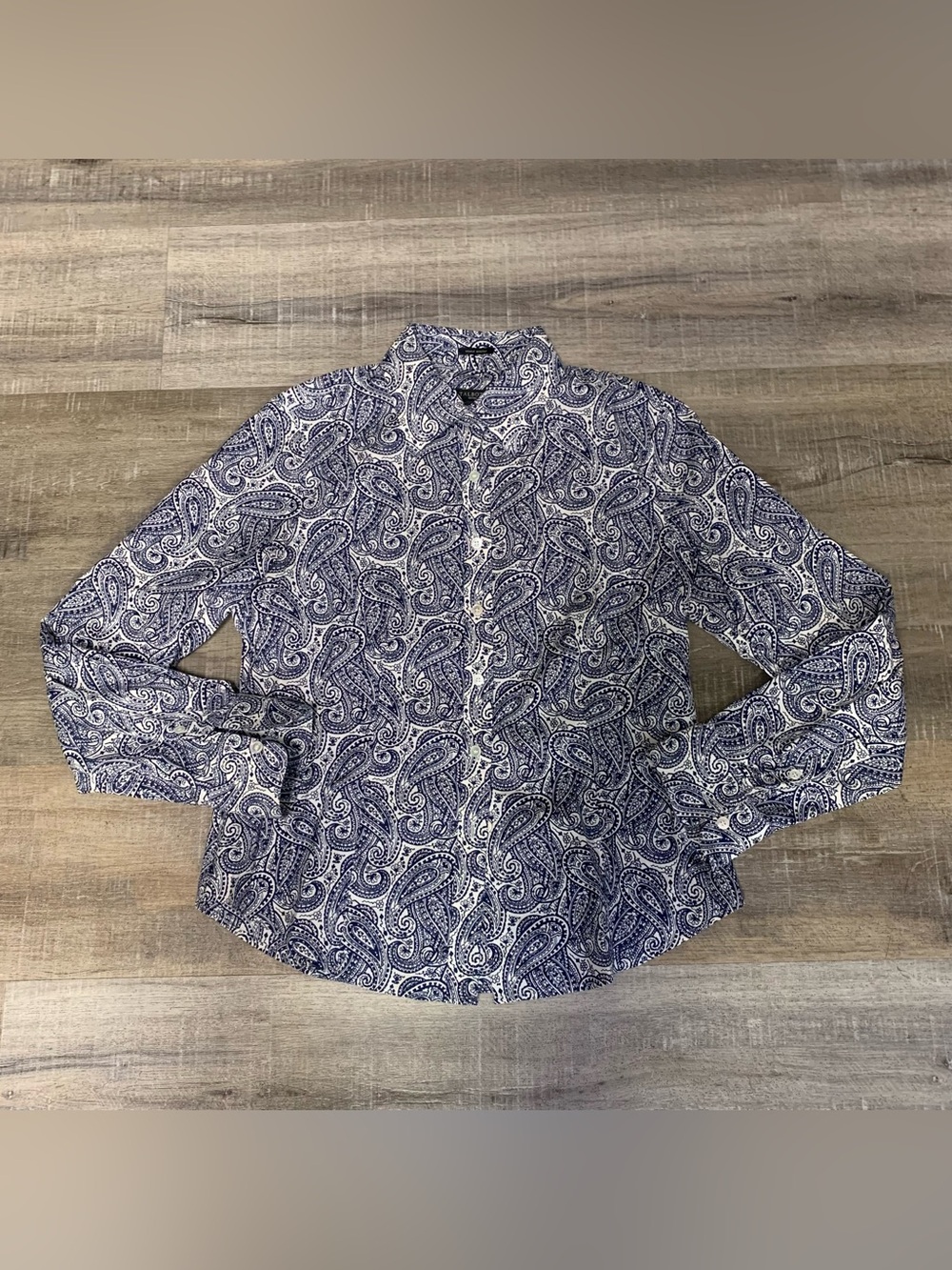 Talbots Women's Wrinkle Resistant Button-Up Top Blue Paisley Floral Petite 2P